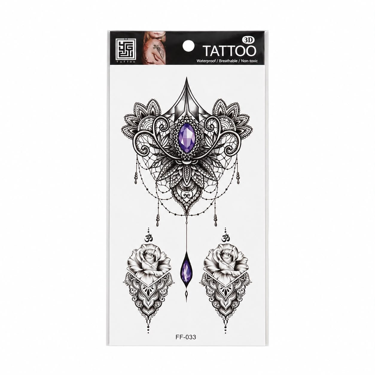 Tatuaj Temporar Semipermanent Mandala cu Cristal Violet și Trandafiri – 18 cm, Rezistent la Apă