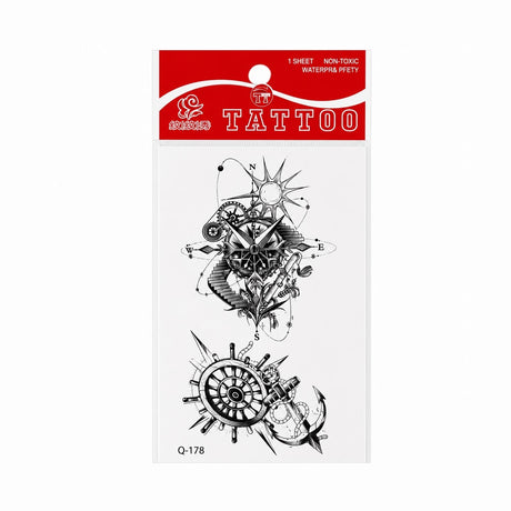 Tatuaj Temporar Semipermanent Nautic Busolă, Timonă și Ancoră 10 cm – Design Maritim Alb-Negru