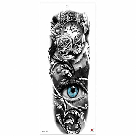 Tatuaj Temporar Semipermanent Ochi Albastru, Craniu și Ceas Vintage – 45 cm