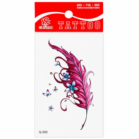 Tatuaj Temporar Semipermanent Pană Roz cu Flori Albastre – Design Acuarelă Elegant, 10 cm