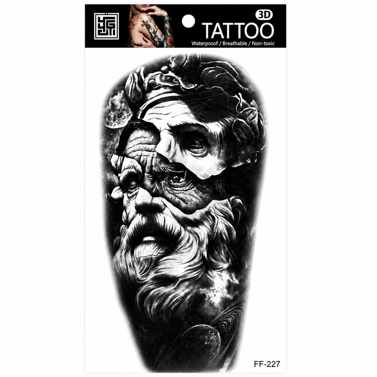 Tatuaj Temporar Semipermanent Portret Filosof Antic și Elemente Cosmice – 18 cm, Rezistent la Apă