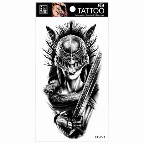Tatuaj Temporar Semipermanent Războinică Nordică cu Sabie și Coif Viking – 18 cm, Rezistent la Apă