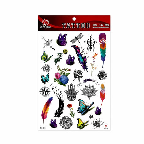 Tatuaj Temporar Semipermanent Set Fluturi, Pene și Mandale – 20 cm, Rezistent la Apă, Efect Realist