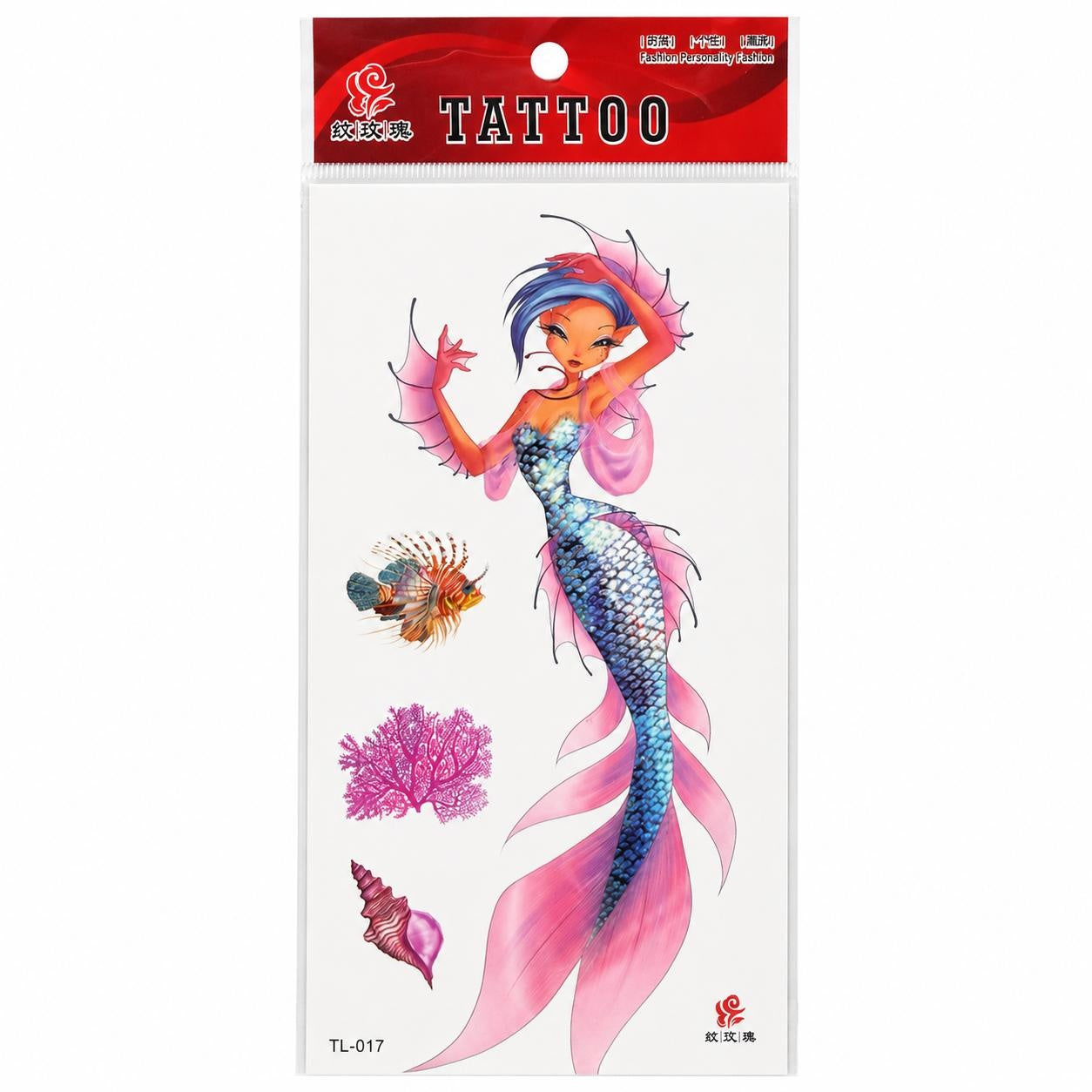 Tatuaj Temporar Semipermanent Sirenă Colorată și Elemente Marine – 18 cm, Rezistent la Apă