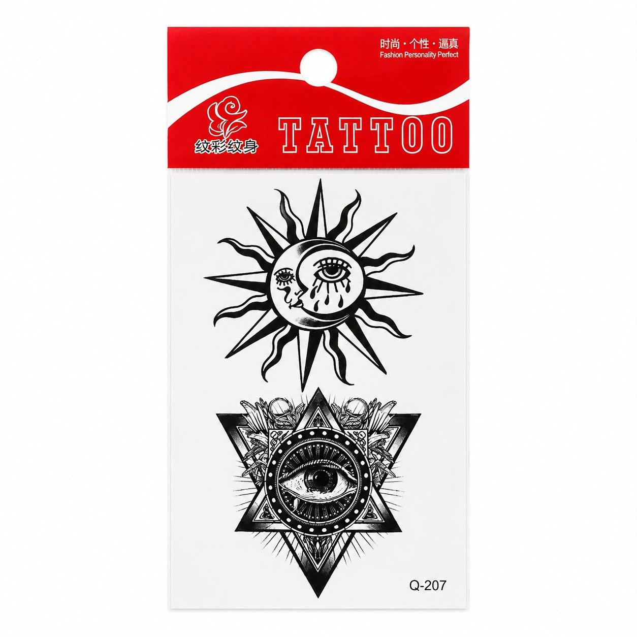 Tatuaj Temporar Semipermanent Soare Mistic și Ochi Atotvăzător 10 cm – Design Esoteric Alb-Negru