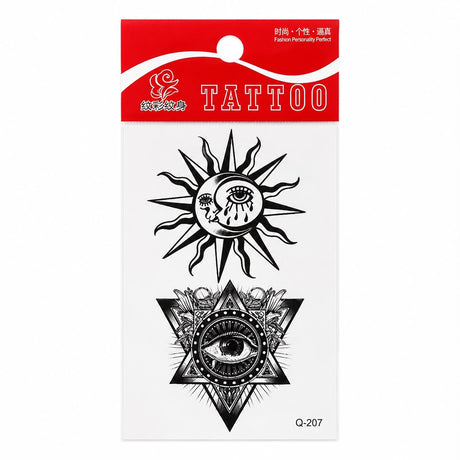Tatuaj Temporar Semipermanent Soare Mistic și Ochi Atotvăzător 10 cm – Design Esoteric Alb-Negru
