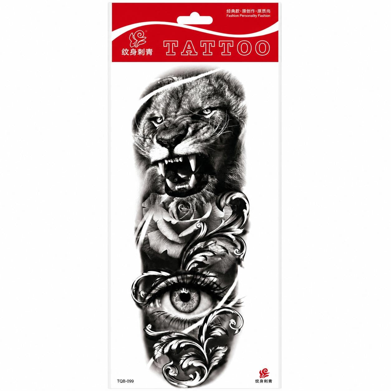 Tatuaj Temporar Semipermanent Tigru Feroce cu Trandafir și Ochi Realist – 45 cm