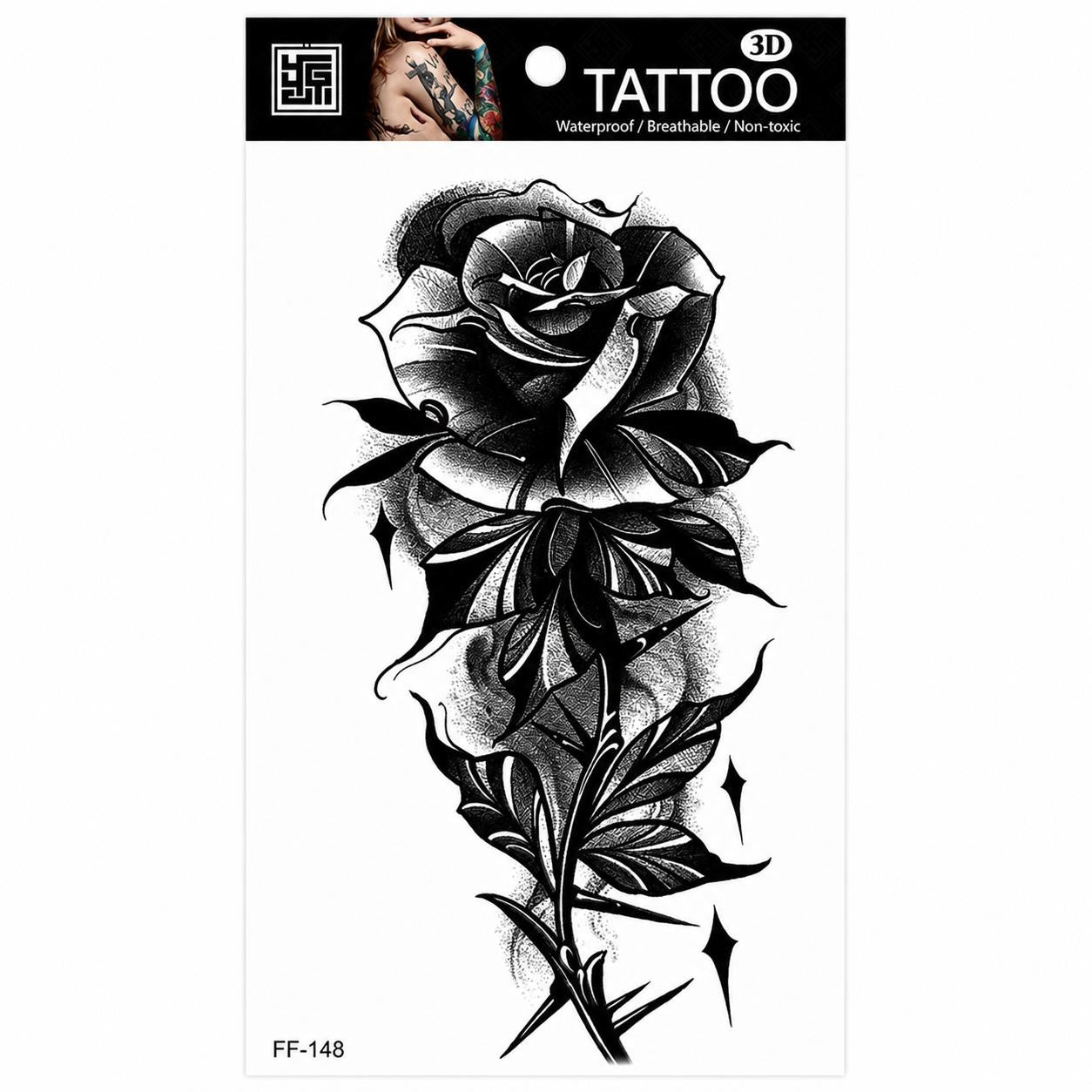 Tatuaj Temporar Semipermanent Trandafir Negru Realist – Design Floral Black & Grey, 18 cm
