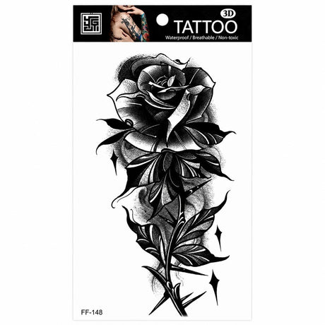 Tatuaj Temporar Semipermanent Trandafir Negru Realist – Design Floral Black & Grey, 18 cm