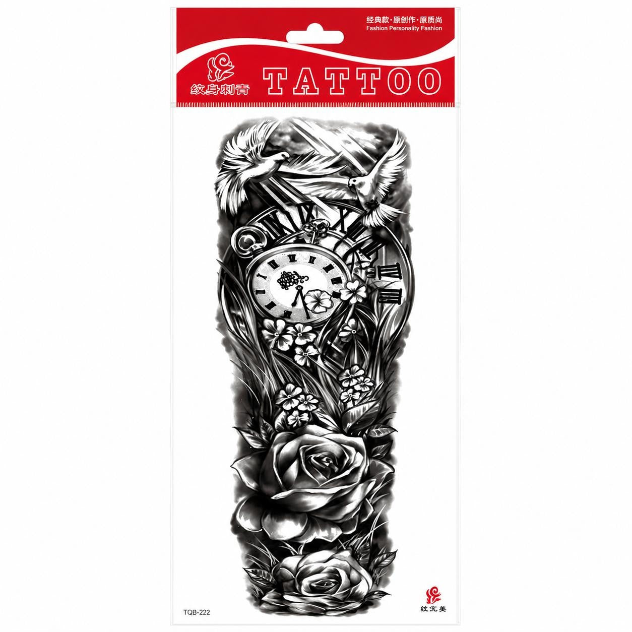 Tatuaj Temporar Semipermanent Trandafiri, Ceas Vintage și Porumbei – 45 cm