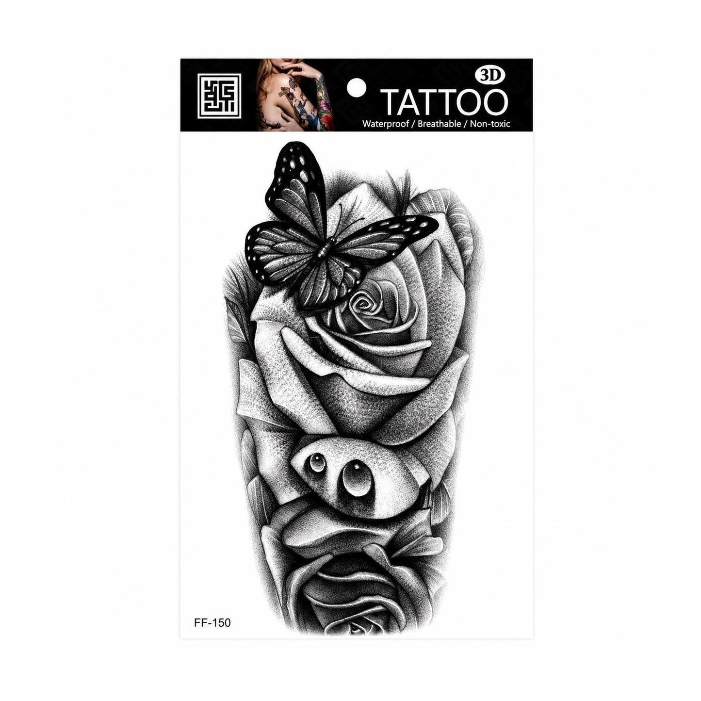 Tatuaj Temporar Semipermanent Trandafiri cu Fluture și Simbol Yin Yang – 18 cm, Rezistent la Apă
