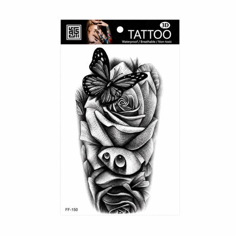 Tatuaj Temporar Semipermanent Trandafiri cu Fluture și Simbol Yin Yang – 18 cm, Rezistent la Apă