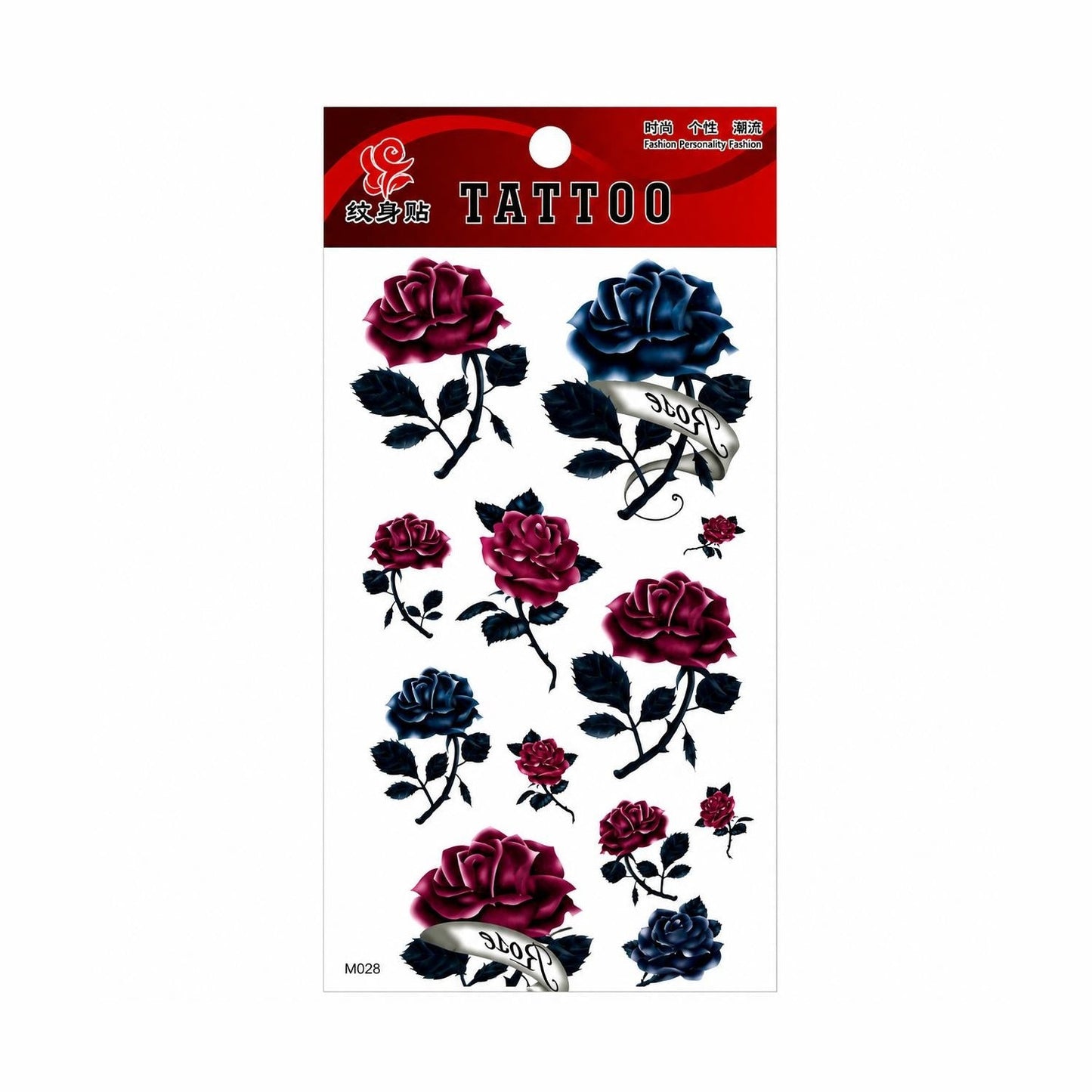 Tatuaj Temporar Semipermanent Trandafiri Roșii și Albaștri Love – 18 cm, Rezistent la Apă