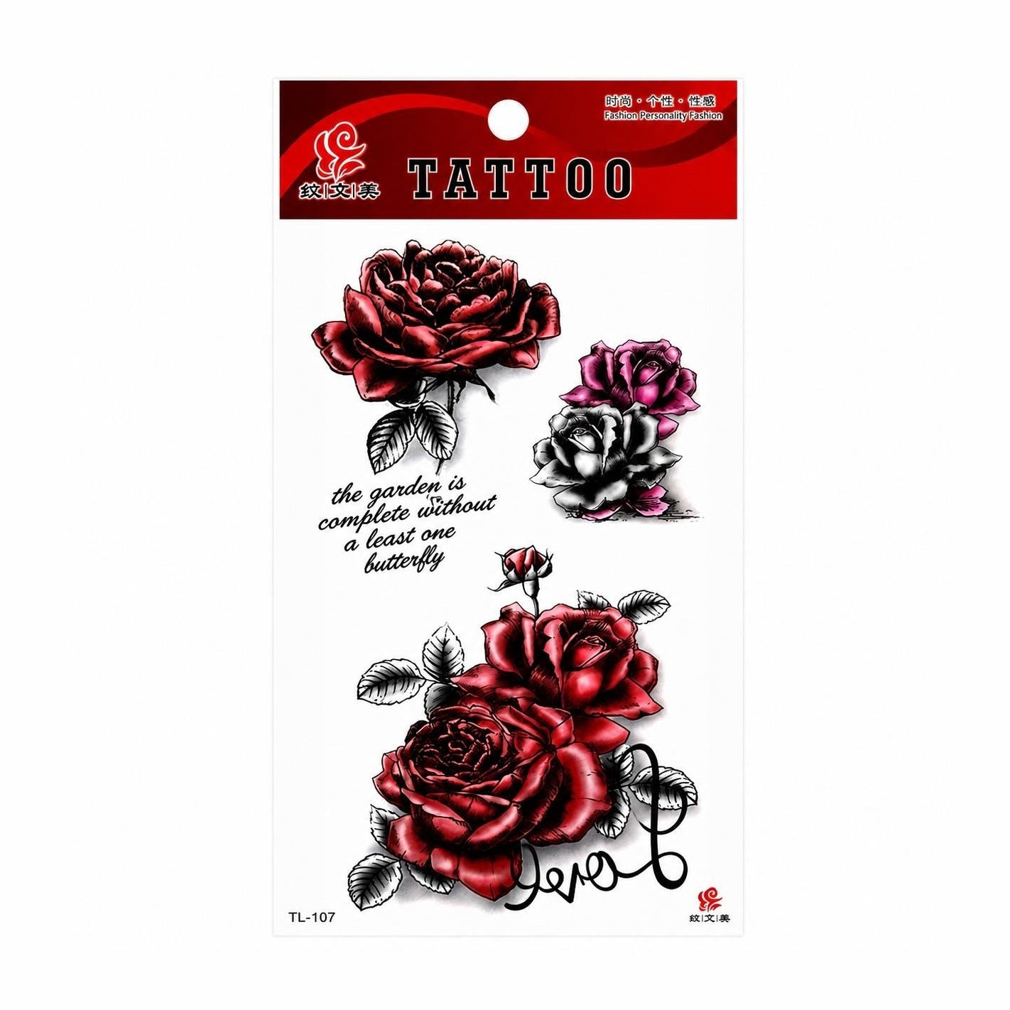 Tatuaj Temporar Semipermanent Trandafiri Roșii și Roz cu Mesaj Love – 18 cm, Rezistent la Apă