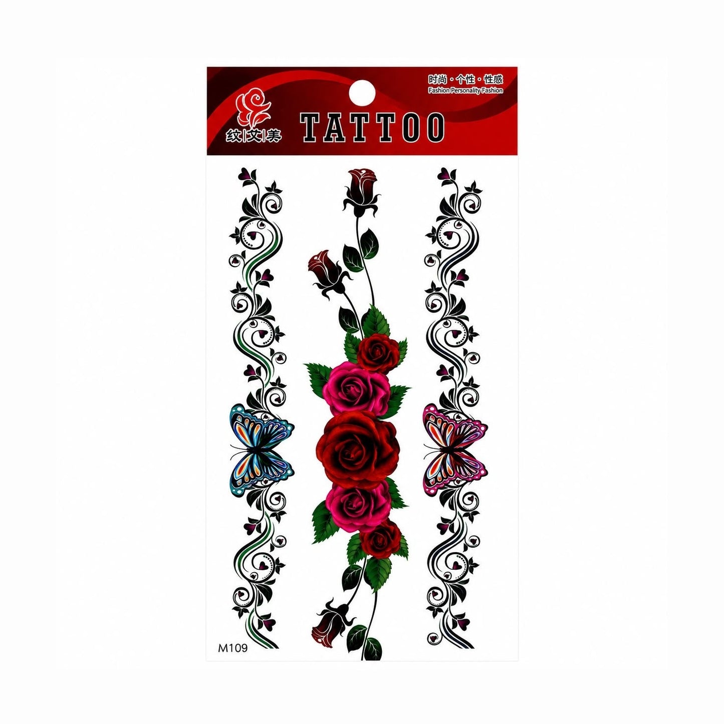 Tatuaj Temporar Semipermanent Trandafiri și Fluturi Colorati – 18 cm, Rezistent la Apă