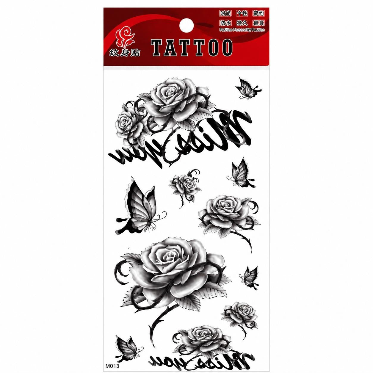 Tatuaj Temporar Semipermanent Trandafiri și Fluturi Monocrom – 18 cm, Rezistent la Apă