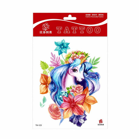 Tatuaj Temporar Semipermanent Unicorn Floral Colorat – 20 cm, Rezistent la Apă, Efect Acuarelă