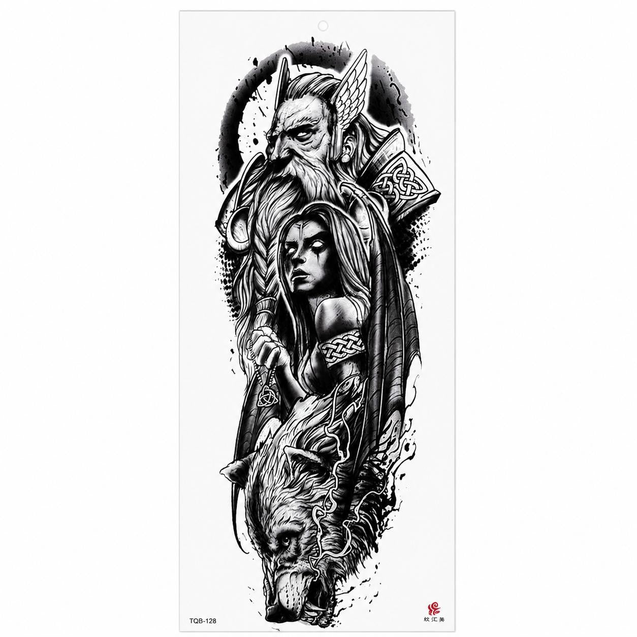 Tatuaj Temporar Semipermanent Viking cu Lup și Războinică – 45 cm