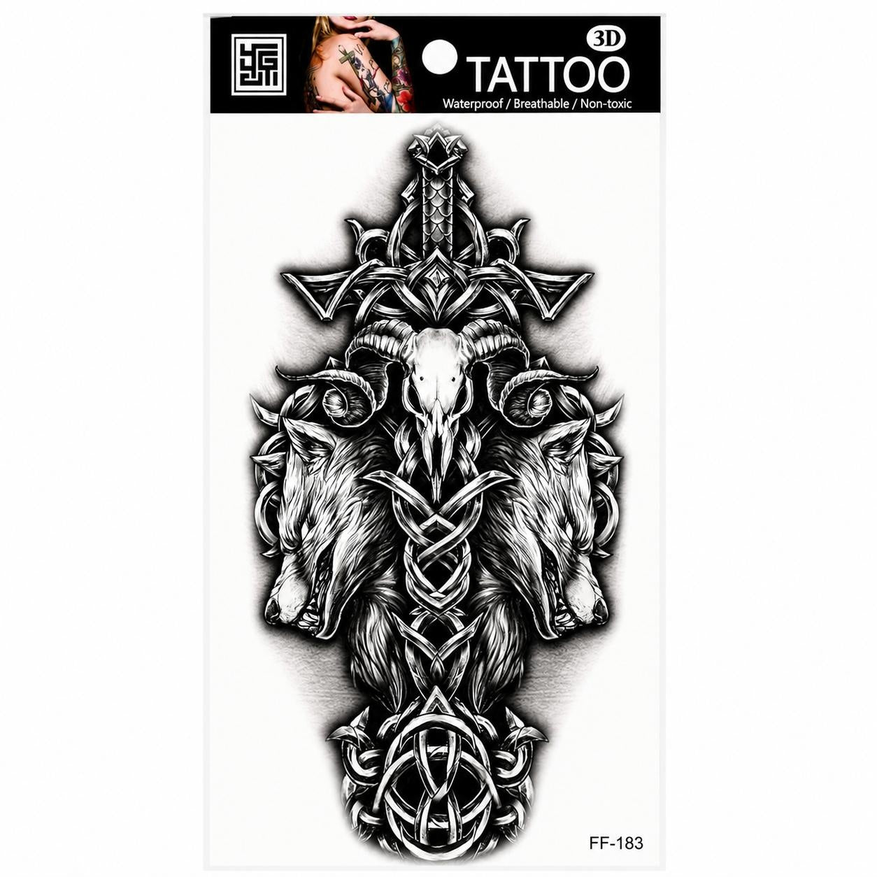 Tatuaj Temporar Semipermanent Viking cu Lupi si Simboluri Nordice – 18 cm, Rezistent la Apă