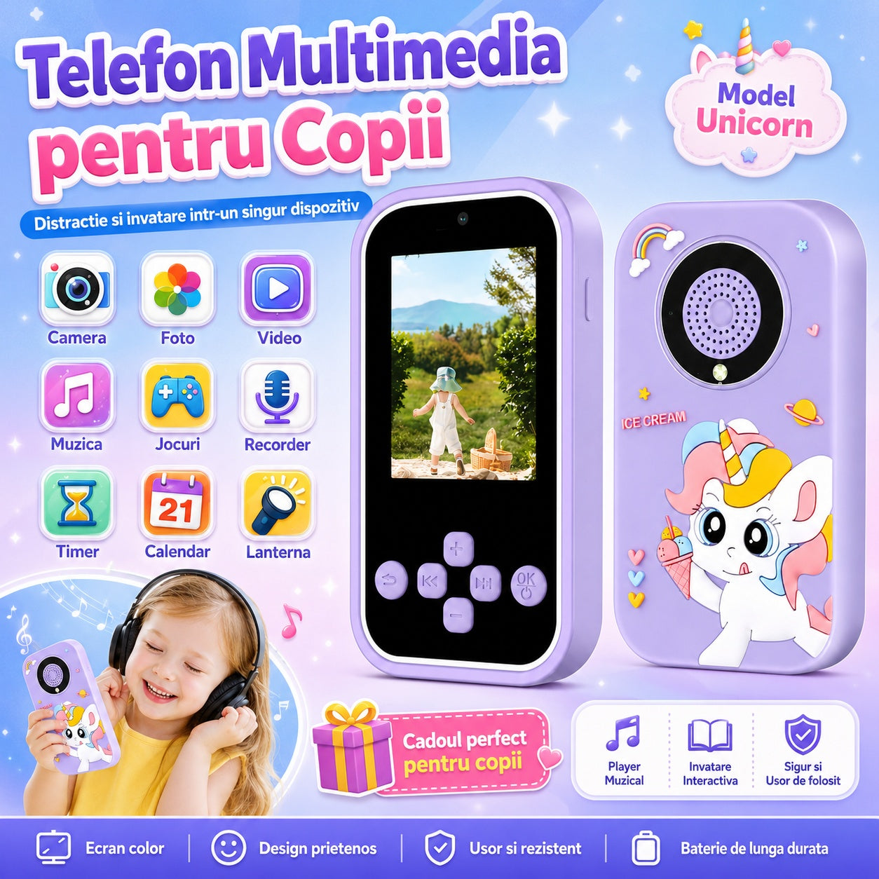 Telefon copii model unicorn mov cu camera jocuri muzica si ecran color