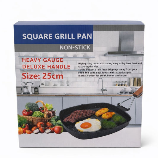 Tigaie grill patrata 25 cm cu strat antiaderent si maner din lemn