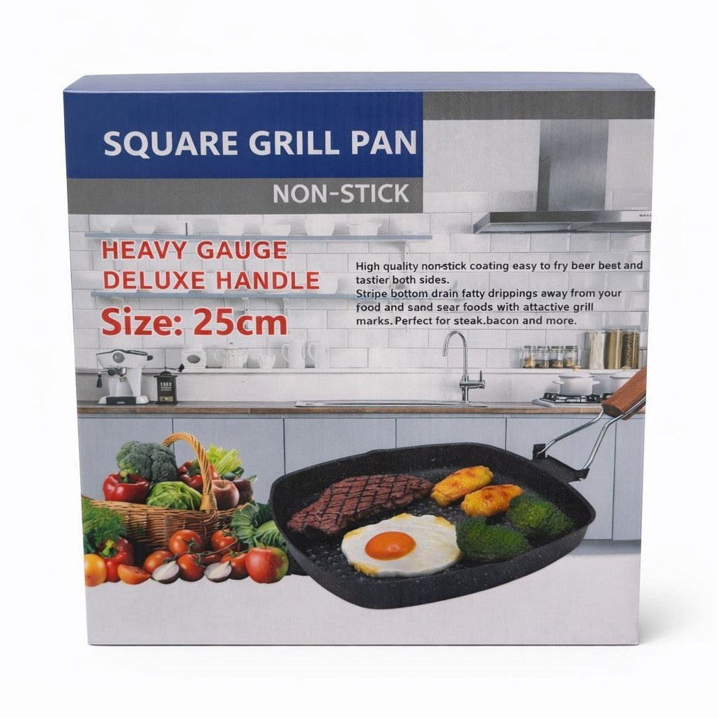 Tigaie grill patrata 25 cm cu strat antiaderent si maner din lemn