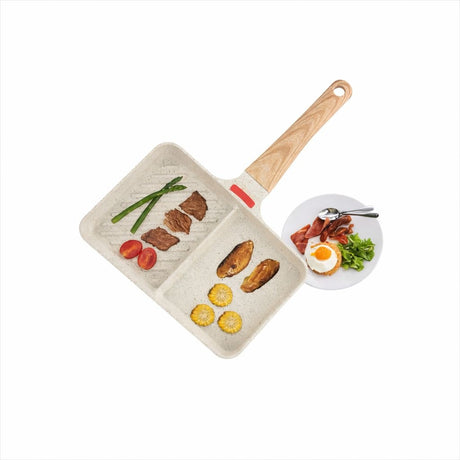 Tigaie non-stick cu două compartimente și mâner din lemn