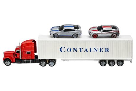 Tir die-cast din metal cu piese din plastic, roșu, cu 2 mașini de jucărie, dimensiuni 34x15x5 cm