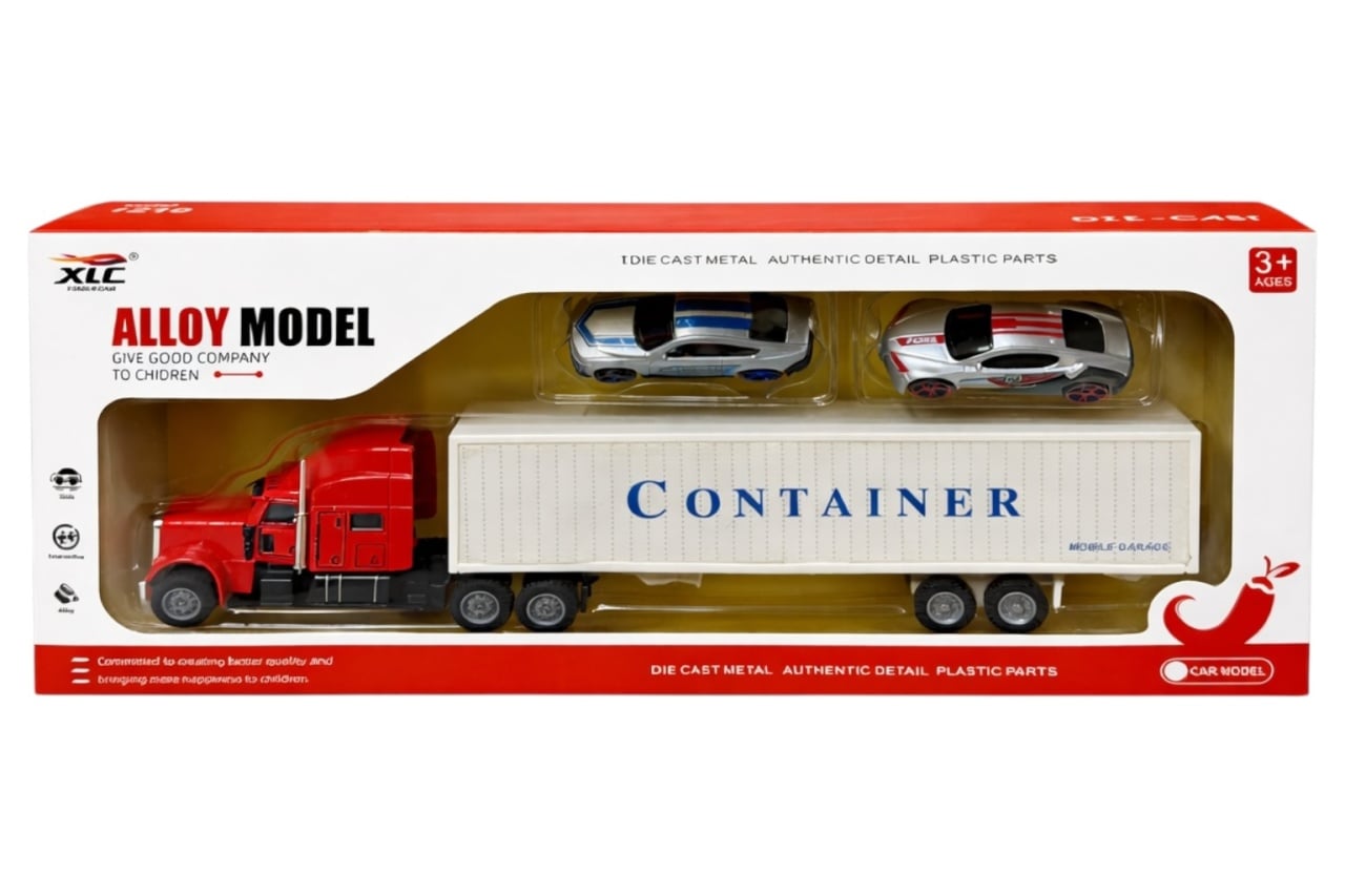 Tir die-cast din metal cu piese din plastic, roșu, cu 2 mașini de jucărie, dimensiuni 34x15x5 cm