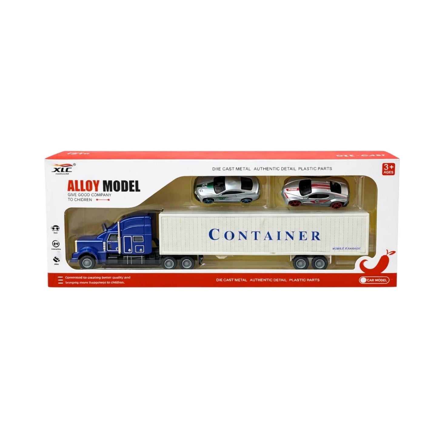 Tir din metal Die-Cast XLC cu părți din plastic albastru și 2 mașini - Dimensiuni: 34x15x5 cm