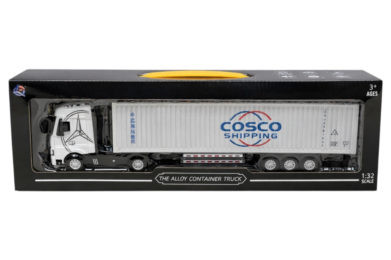Tir metalic premium 1:32 negru cu container alb lumini sunete 42 cm model colectie