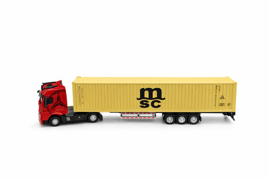 Tir metalic premium 1:32 rosu cu container auriu lumini sunete 42 cm colectie