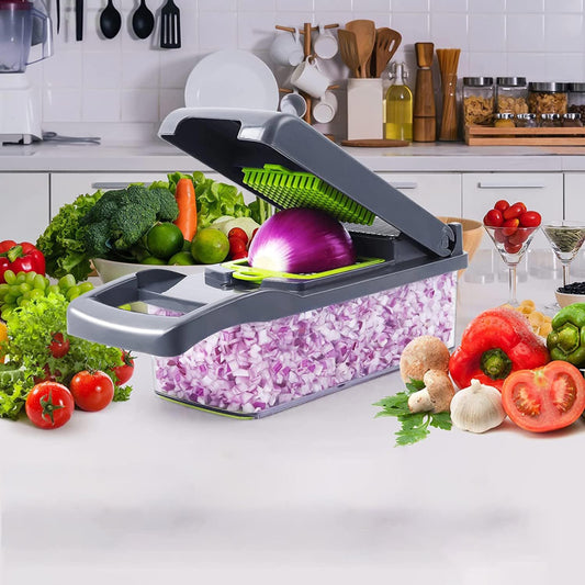 Tocator manual multifunctional legume 14 piese, feliere si cuburi, recipient colectare