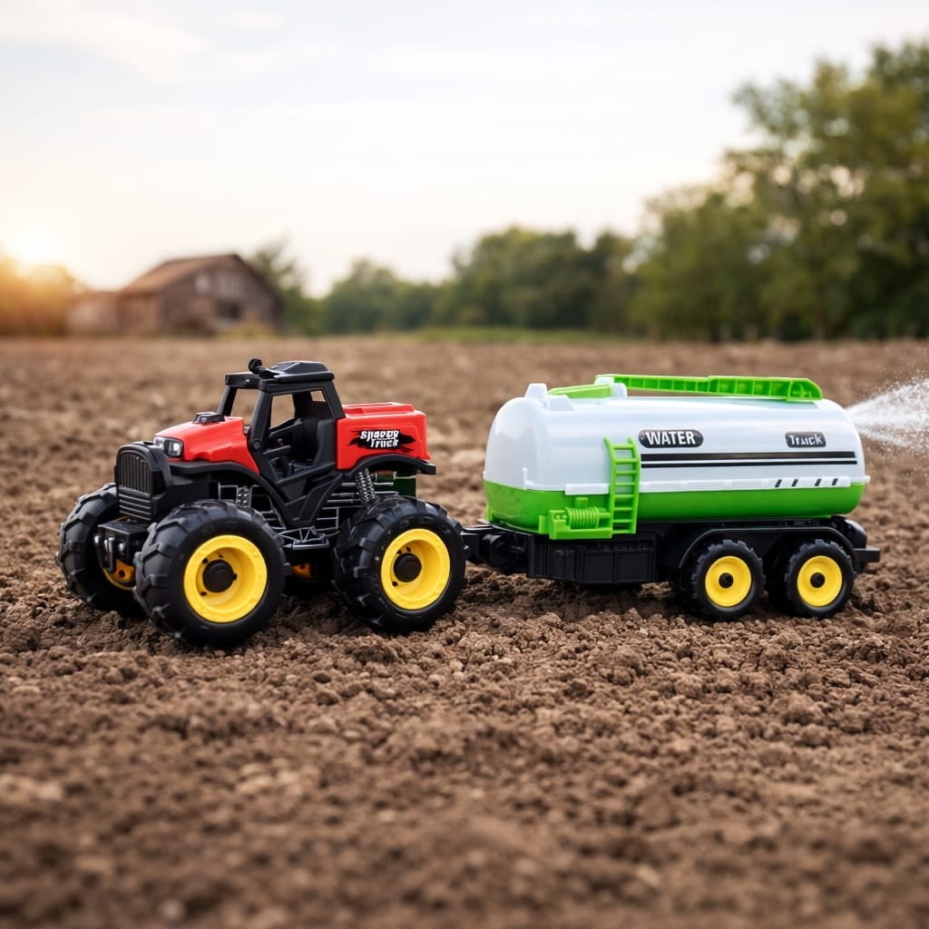 Tractor cu remorca cisterna apa, jucarie copii, rosu cu verde, Farm Car