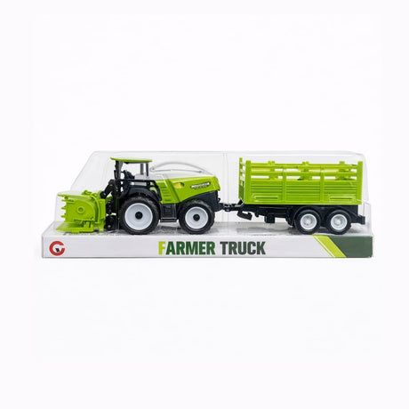 Tractor jucărie verde cu remorcă, din plastic, manevrare manuală