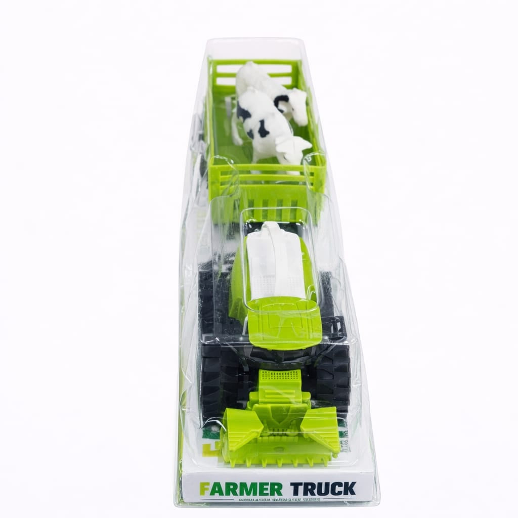 Tractor jucărie verde cu remorcă, din plastic, manevrare manuală