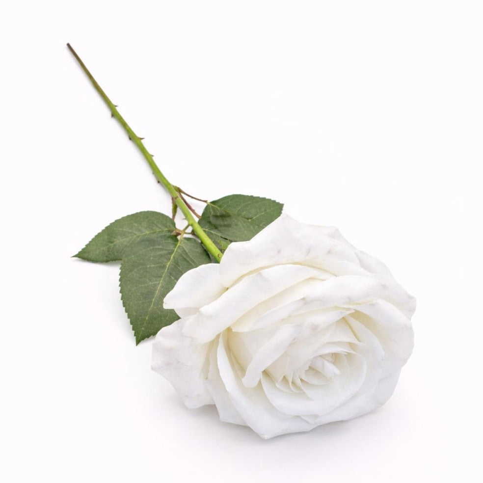 Trandafir artificial alb cu petale catifea 50 cm diametru floare 8-9 cm