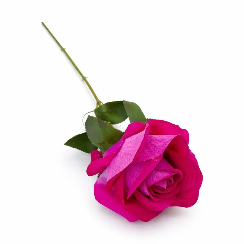 Trandafir artificial fucsia cu petale catifelate si frunze 46 cm calitate superioara