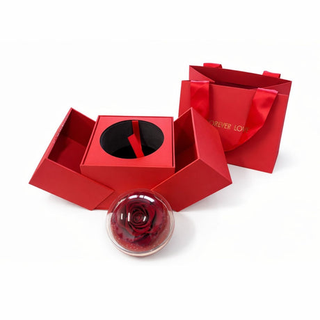Trandafir criogenat in glob cu cutie rosie 15x14x12 cm, cadou romantic cu compartiment