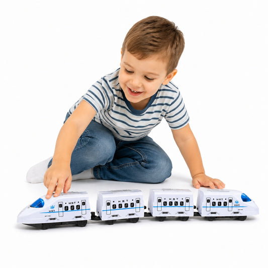 Tren electric alb din plastic, 47 cm, cu muzica si lumini