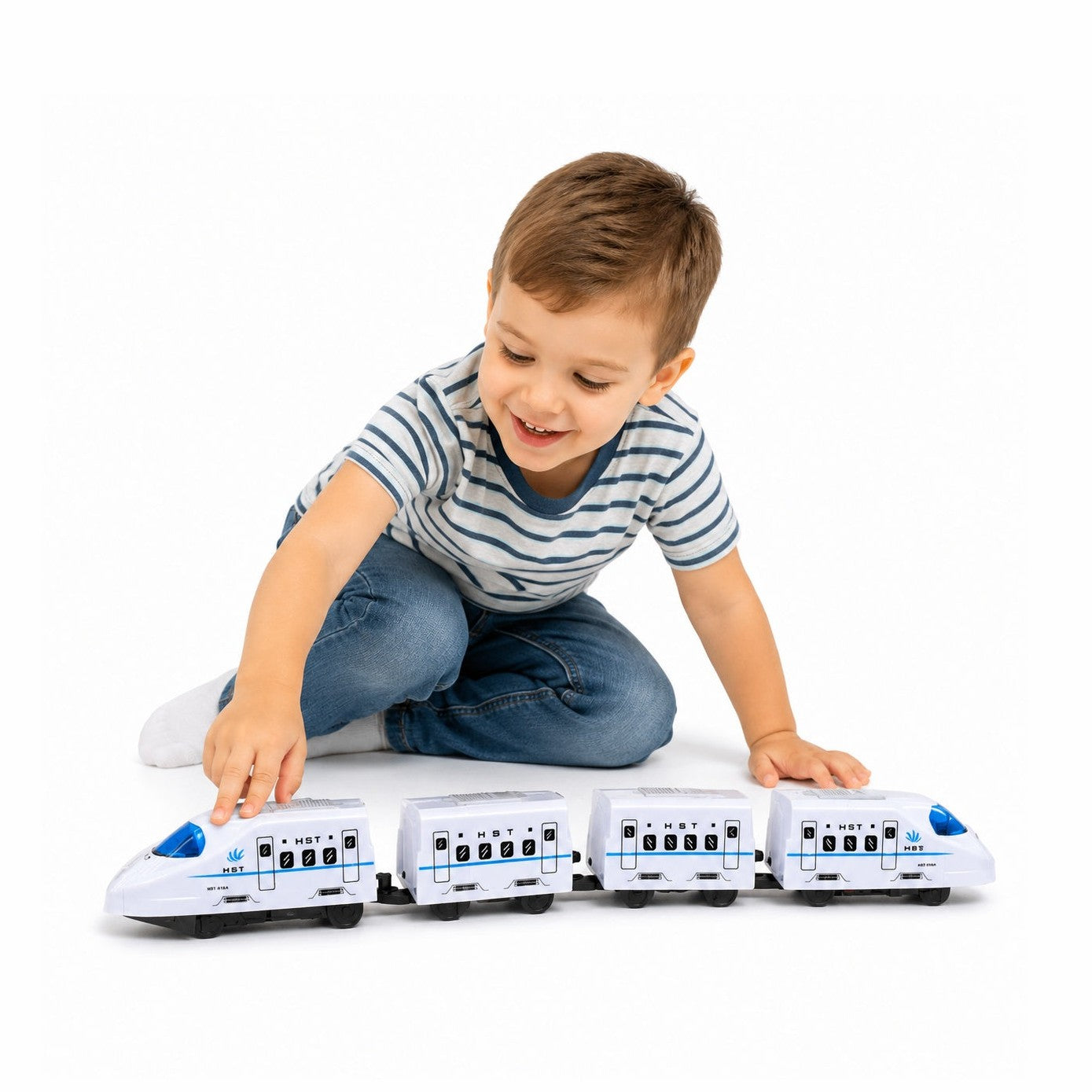 Tren electric alb din plastic, 47 cm, cu muzica si lumini