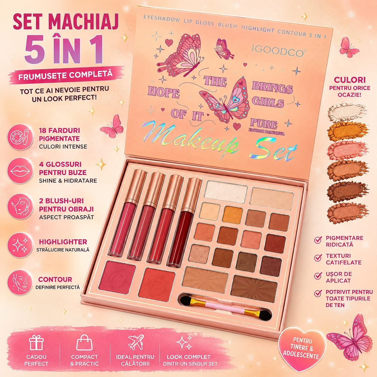 Trusă de Machiaj 5 în 1, 18 Farduri, 4 Glossuri, Blush, Highlighter și Contur, Set Cadou