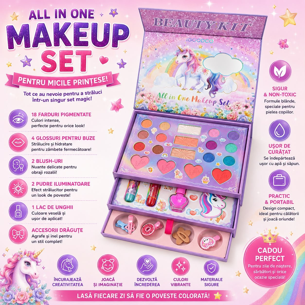 Trusă de Machiaj All in One pentru Copii cu Unicorn, Set Complet Cosmetice, 3+ Ani