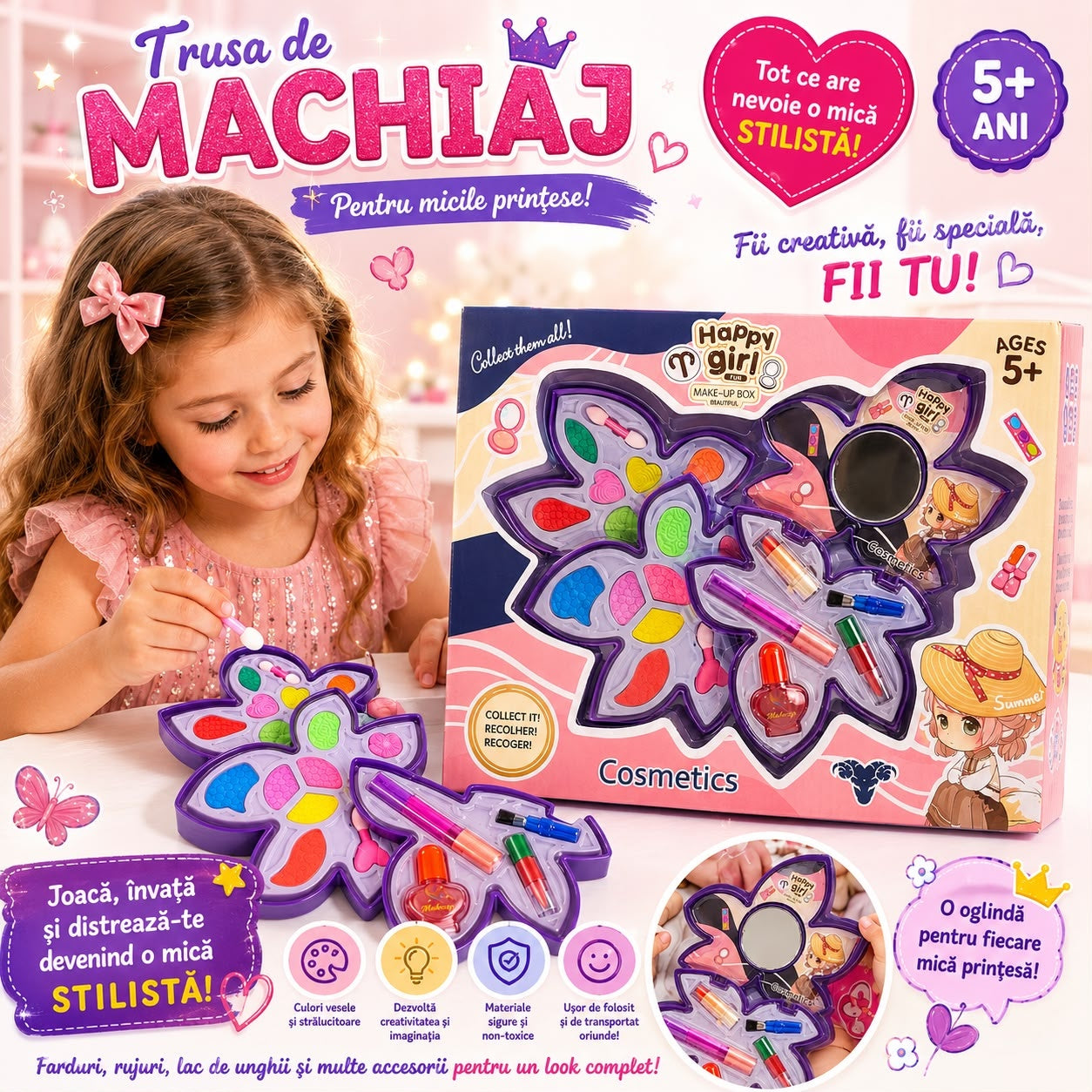 Trusă de Machiaj pentru Copii cu Oglindă, Farduri, Ruj și Lac de Unghii – Set Cosmetic de Jucărie