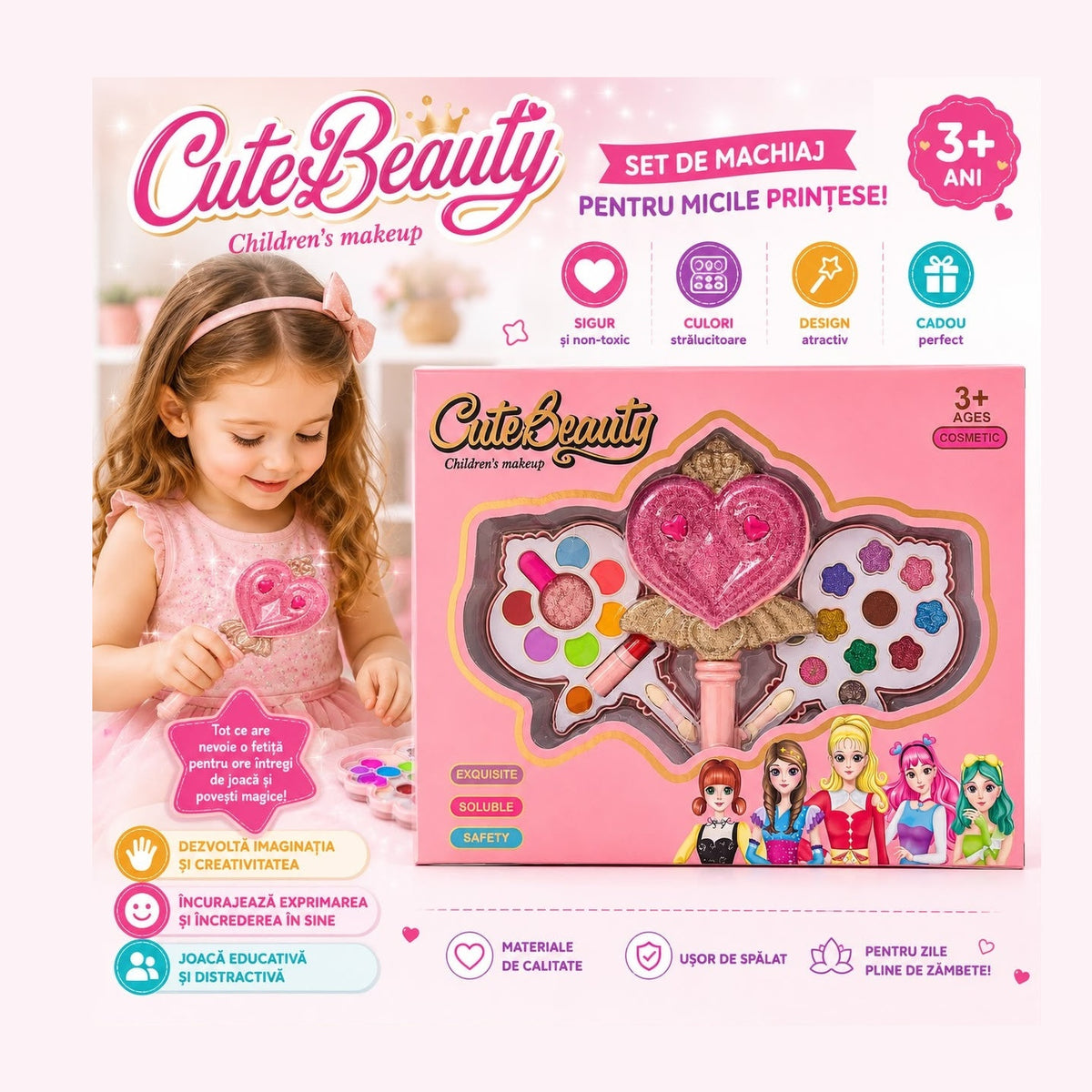 Trusă de Machiaj pentru Copii Cute Beauty 3+ – Set Cosmetic cu Farduri, Ruj și Accesorii