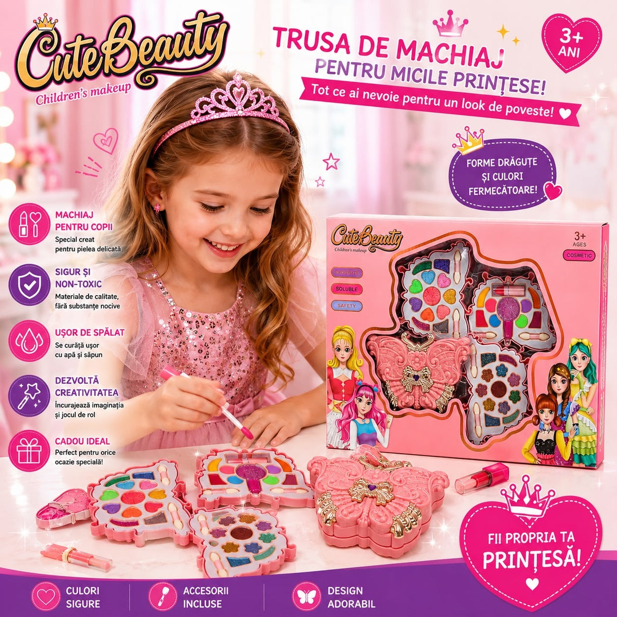 Trusă de Machiaj pentru Copii Cute Beauty – Set Machiaj Tip Fluture cu Farduri, Ruj și Accesorii