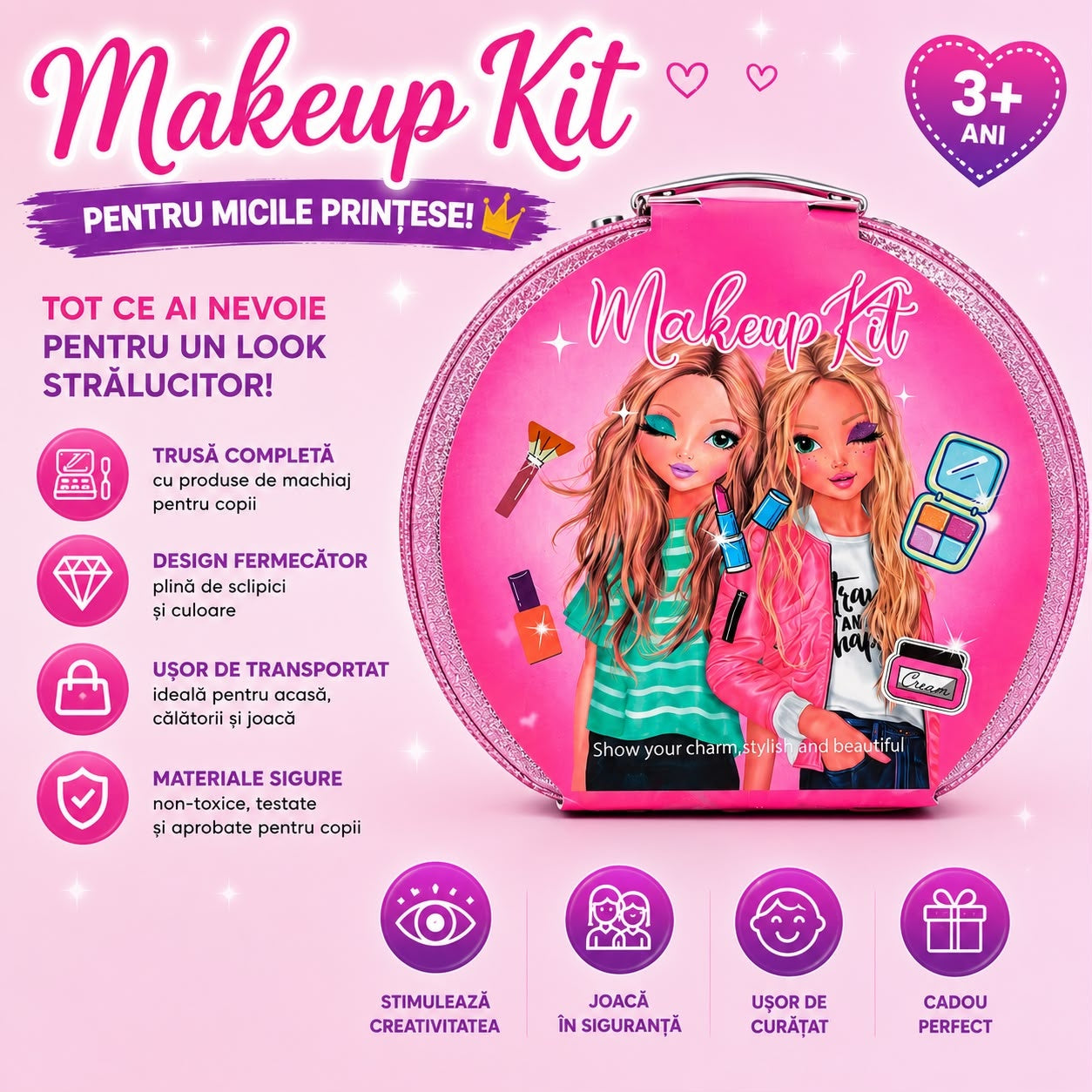 Trusă de Machiaj pentru Copii în Cutie Rotundă cu Sclipici, Set Cosmetic de Joacă, 3+ Ani