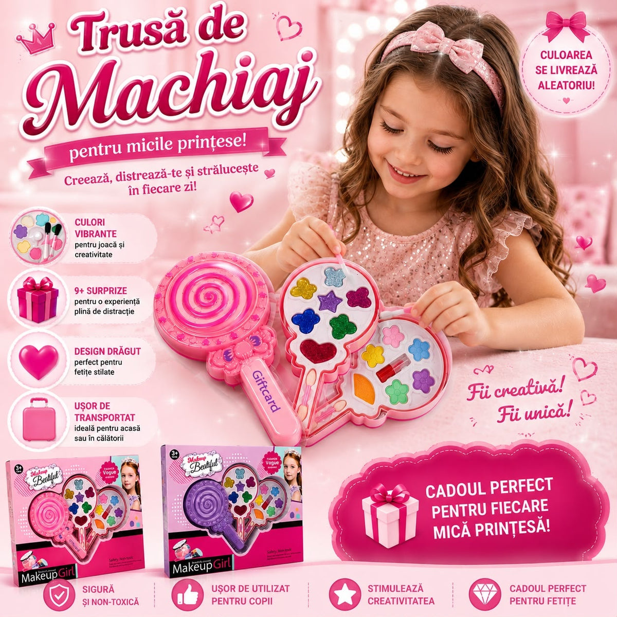 Trusă de Machiaj pentru Copii în Formă de Acadea, 9+ Accesorii, Culoare Aleatorie