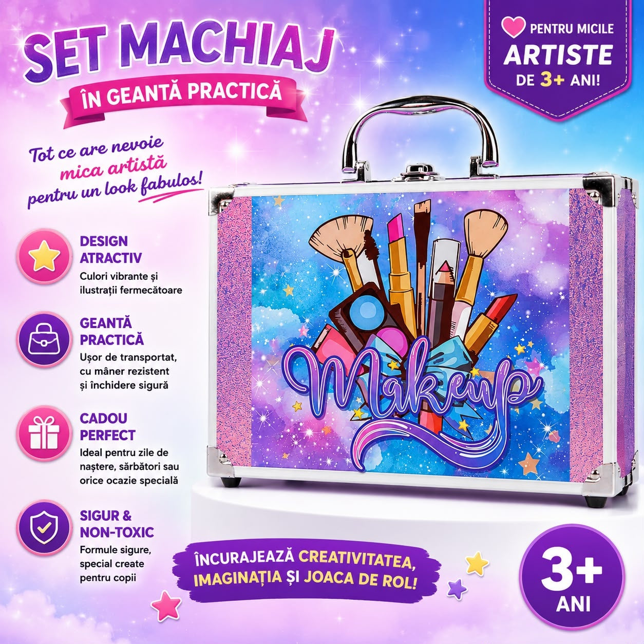 Trusă de Machiaj pentru Copii în Geantă Metalică, Set Cosmetic de Joacă, 3+ Ani