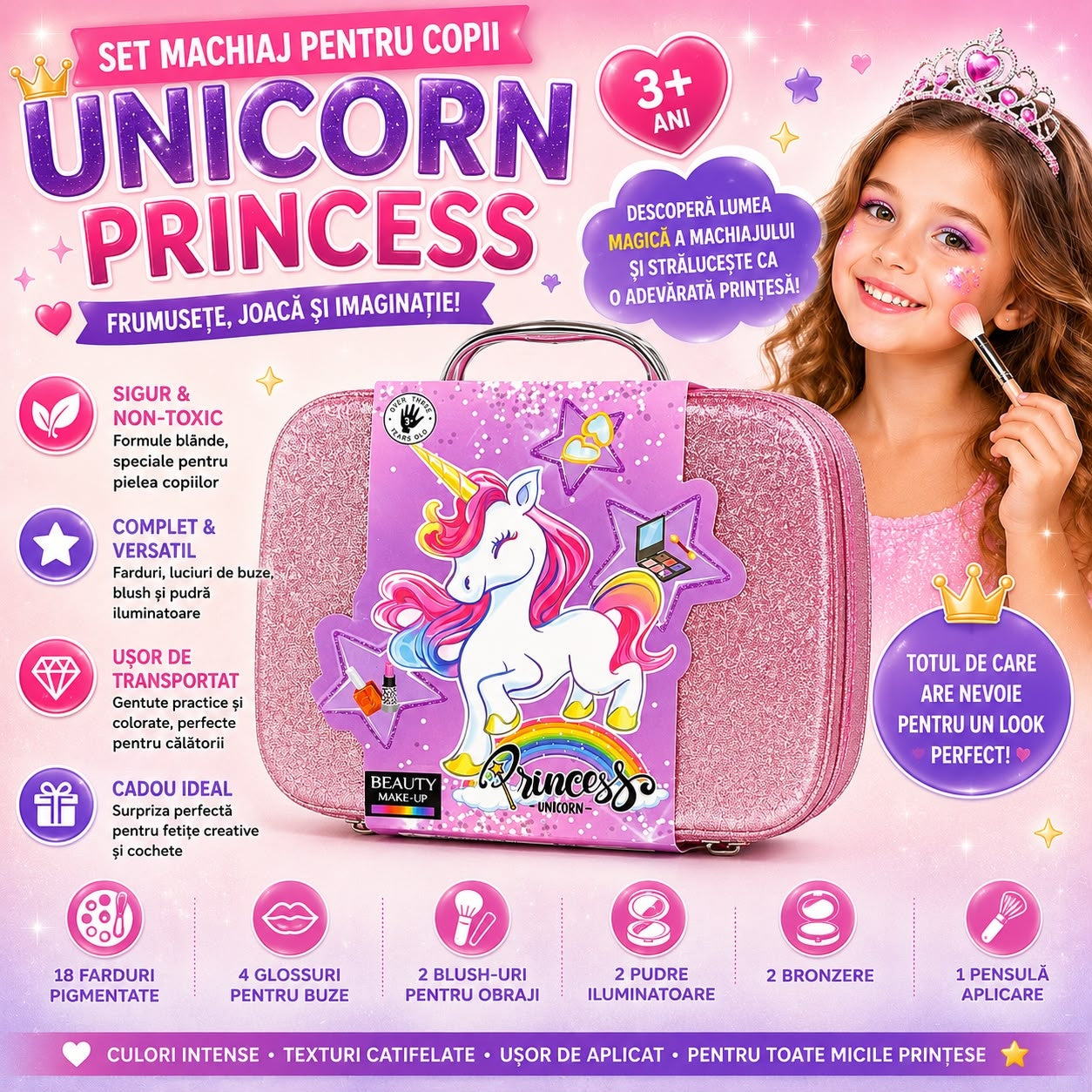 Trusă de Machiaj pentru Copii Unicorn Princess în Geantă, Model Aleatoriu, Set Cosmetic 3+ Ani
